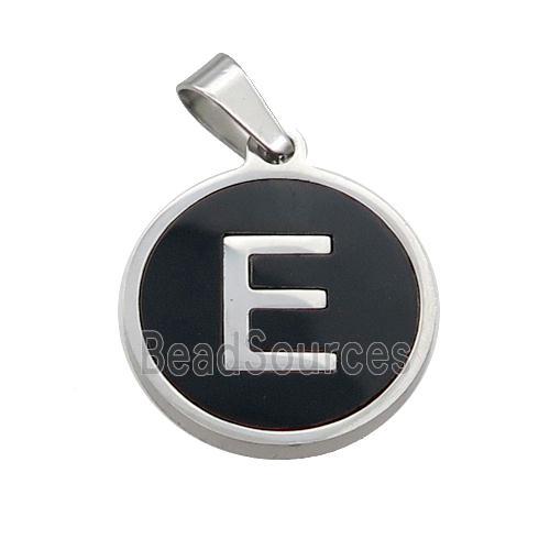 Raw Stainless Steel Pendant Pave Black Agate Letter-E