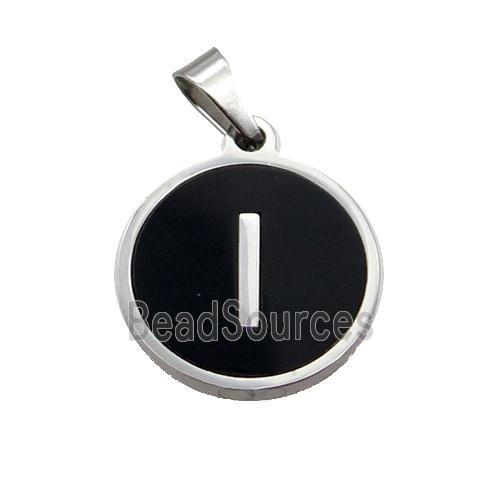 Raw Stainless Steel Pendant Pave Black Agate Letter-I