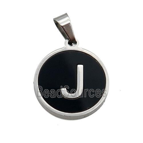 Raw Stainless Steel Pendant Pave Black Agate Letter-J