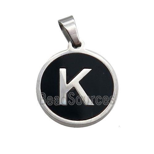 Raw Stainless Steel Pendant Pave Black Agate Letter-K