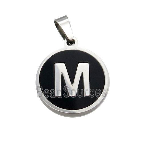 Raw Stainless Steel Pendant Pave Black Agate Letter-M