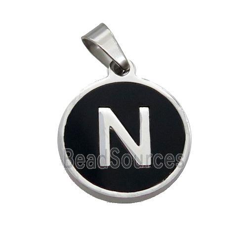 Raw Stainless Steel Pendant Pave Black Agate Letter-N