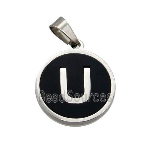 Raw Stainless Steel Pendant Pave Black Agate Letter-U