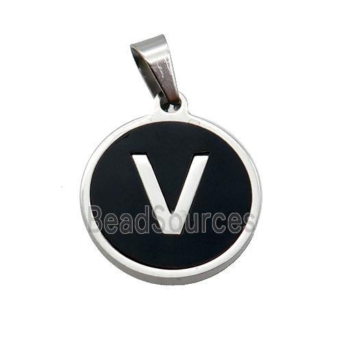 Raw Stainless Steel Pendant Pave Black Agate Letter-V