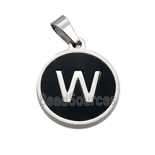 Raw Stainless Steel Pendant Pave Black Agate Letter-W