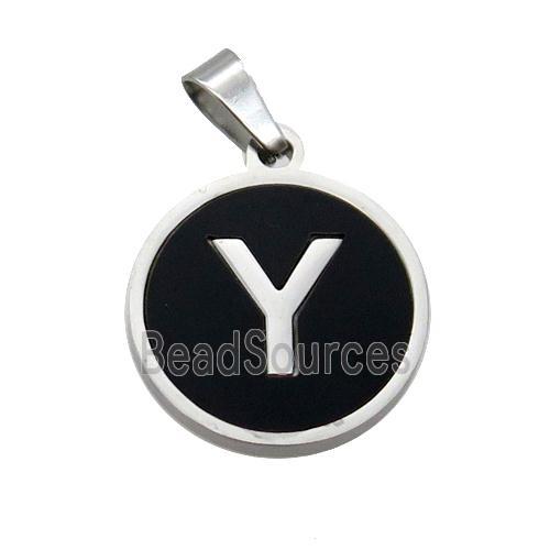 Raw Stainless Steel Pendant Pave Black Agate Letter-Y