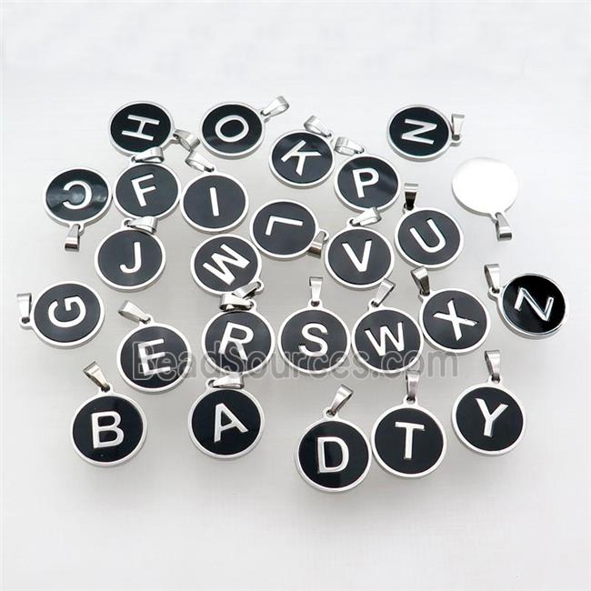 Raw Stainless Steel Letter Pendant Pave Black Agate Circle Mix Alphabet