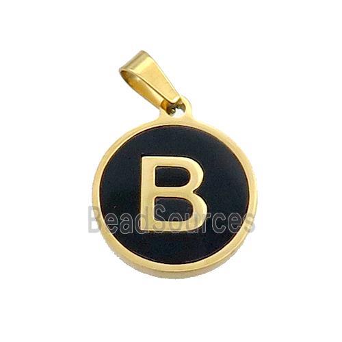 Stainless Steel Pendant Pave Black Agate Letter-B Gold Plated