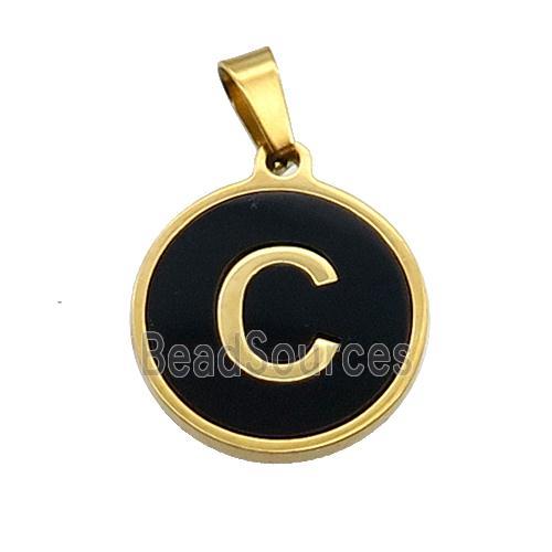 Stainless Steel Pendant Pave Black Agate Letter-C Gold Plated