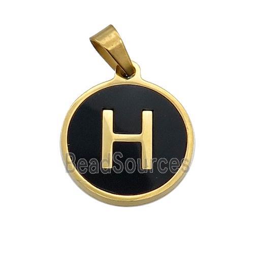 Stainless Steel Pendant Pave Black Agate Letter-H Gold Plated