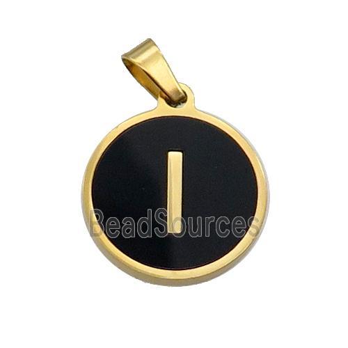 Stainless Steel Pendant Pave Black Agate Letter-I Gold Plated