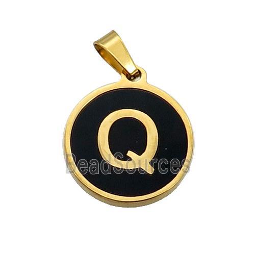 Stainless Steel Pendant Pave Black Agate Letter-Q Gold Plated