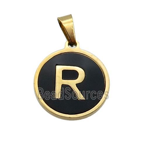 Stainless Steel Pendant Pave Black Agate Letter-R Gold Plated