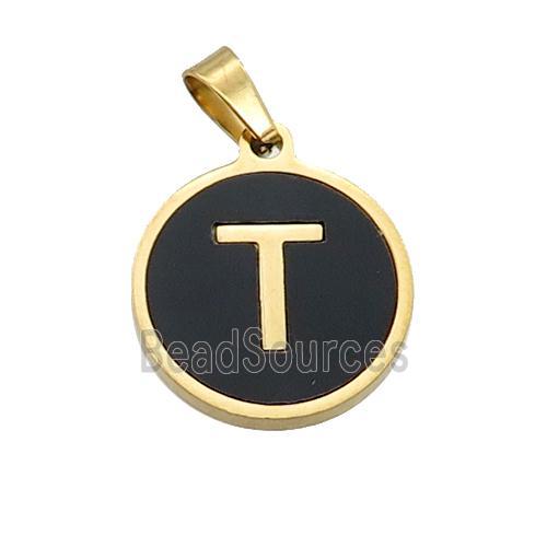 Stainless Steel Pendant Pave Black Agate Letter-T Gold Plated