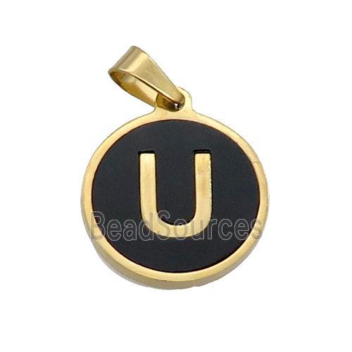 Stainless Steel Pendant Pave Black Agate Letter-U Gold Plated