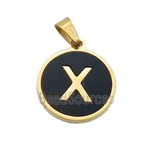 Stainless Steel Pendant Pave Black Agate Letter-X Gold Plated