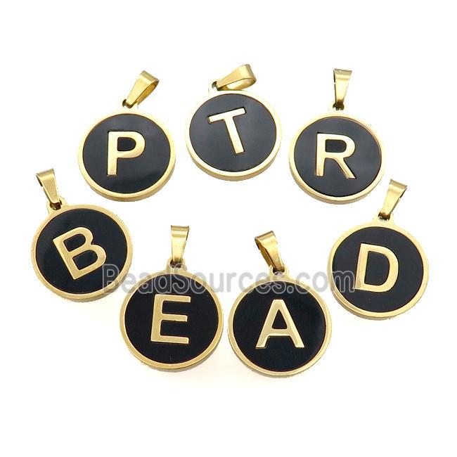 Stainless Steel Letter Pendant Pave Black Agate Circle Mix Alphabet Gold Plated