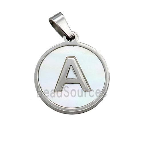 Raw Stainless Steel Pendant Pave White Shell Letter-A