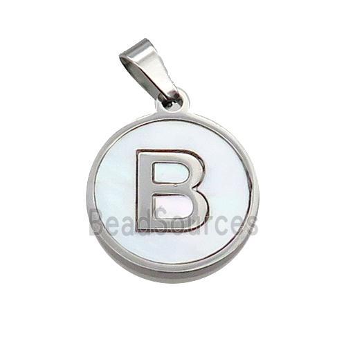 Raw Stainless Steel Pendant Pave White Shell Letter-B