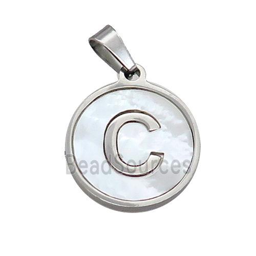 Raw Stainless Steel Pendant Pave White Shell Letter-C