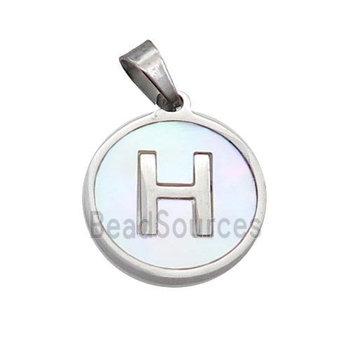 Raw Stainless Steel Pendant Pave White Shell Letter-H