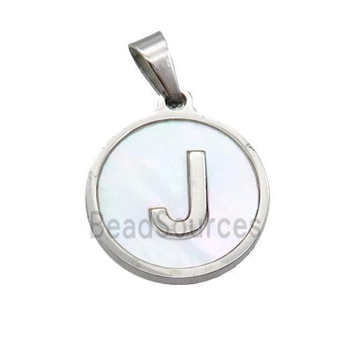 Raw Stainless Steel Pendant Pave White Shell Letter-J