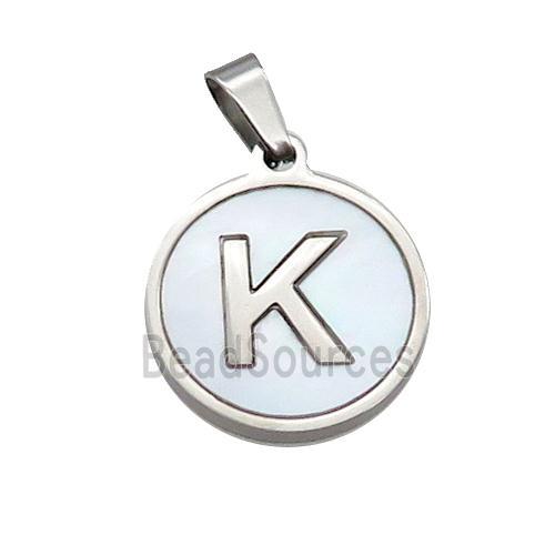 Raw Stainless Steel Pendant Pave White Shell Letter-K