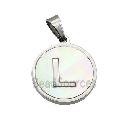 Raw Stainless Steel Pendant Pave White Shell Letter-L