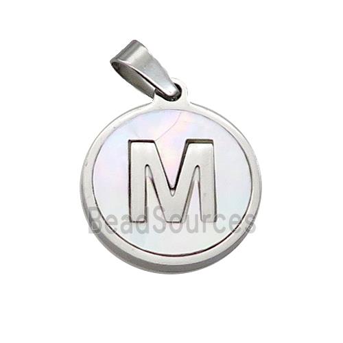 Raw Stainless Steel Pendant Pave White Shell Letter-M