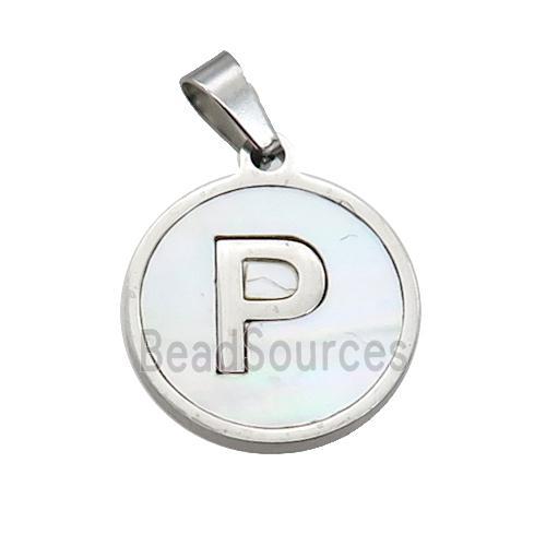 Raw Stainless Steel Pendant Pave White Shell Letter-P