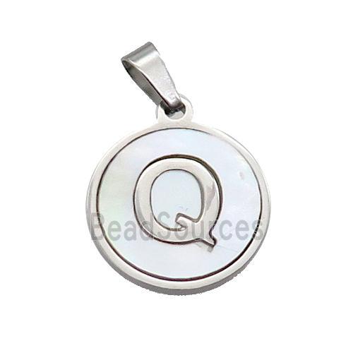 Raw Stainless Steel Pendant Pave White Shell Letter-Q