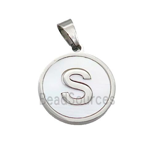 Raw Stainless Steel Pendant Pave White Shell Letter-S