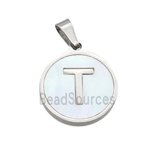 Raw Stainless Steel Pendant Pave White Shell Letter-T