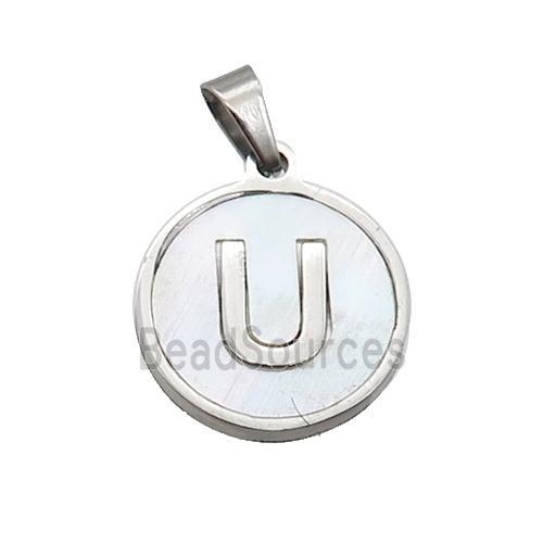 Raw Stainless Steel Pendant Pave White Shell Letter-U