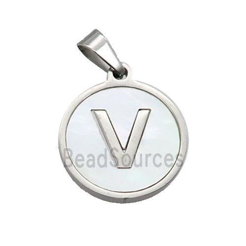 Raw Stainless Steel Pendant Pave White Shell Letter-V