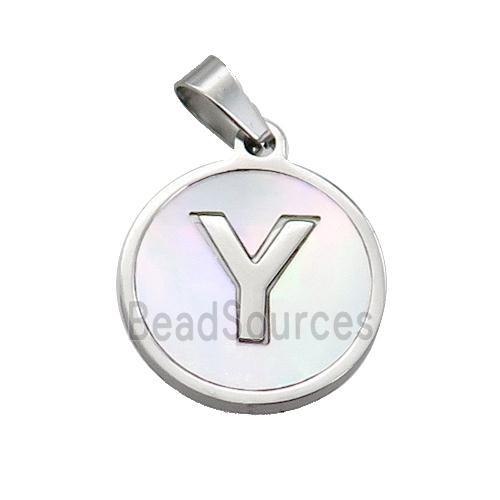 Raw Stainless Steel Pendant Pave White Shell Letter-Y