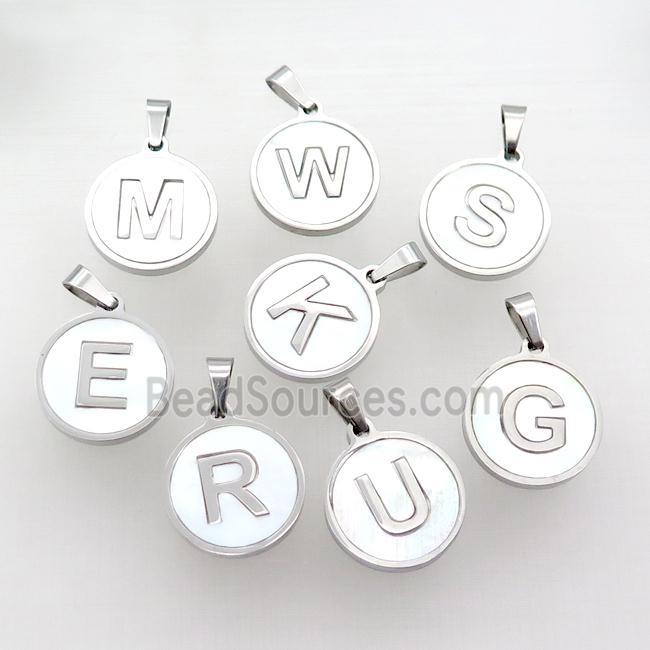 Raw Stainless Steel Letter Pendant Pave White Shell Mix Alphabet