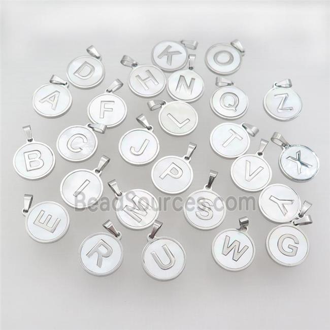 Raw Stainless Steel Letter Pendant Pave White Shell Mix Alphabet