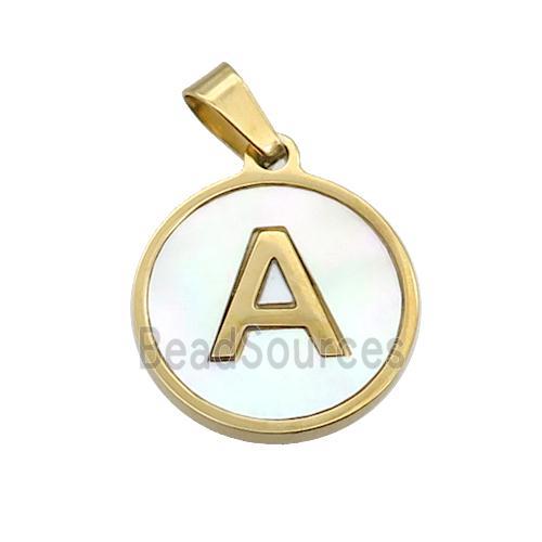 Stainless Steel Pendant Pave White Shell Letter-A Gold Plated