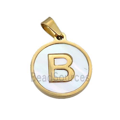 Stainless Steel Pendant Pave White Shell Letter-B Gold Plated