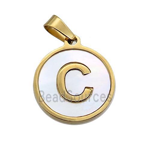 Stainless Steel Pendant Pave White Shell Letter-C Gold Plated