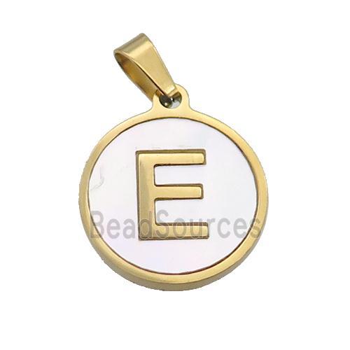 Stainless Steel Pendant Pave White Shell Letter-E Gold Plated