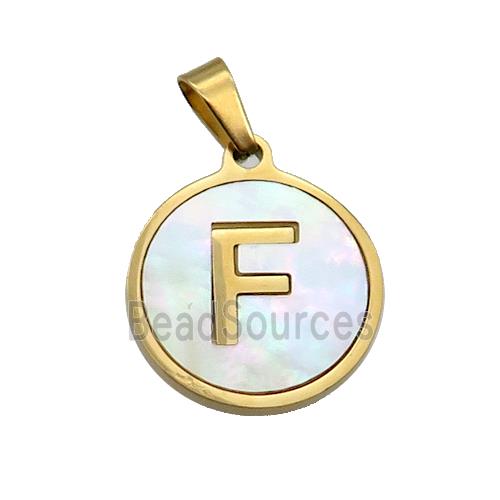 Stainless Steel Pendant Pave White Shell Letter-F Gold Plated