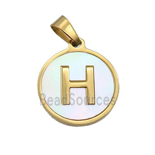 Stainless Steel Pendant Pave White Shell Letter-H Gold Plated