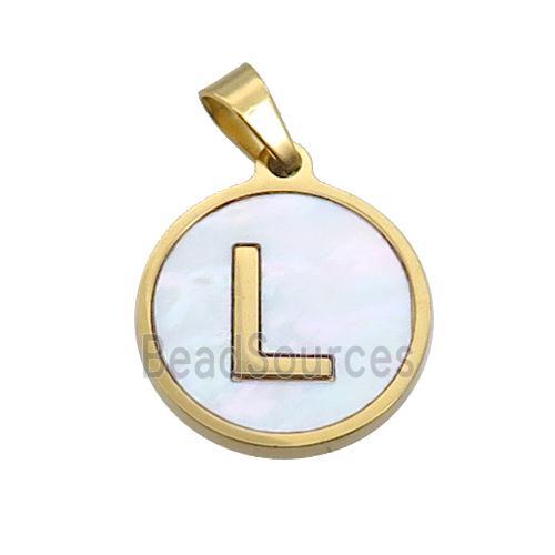 Stainless Steel Pendant Pave White Shell Letter-L Gold Plated