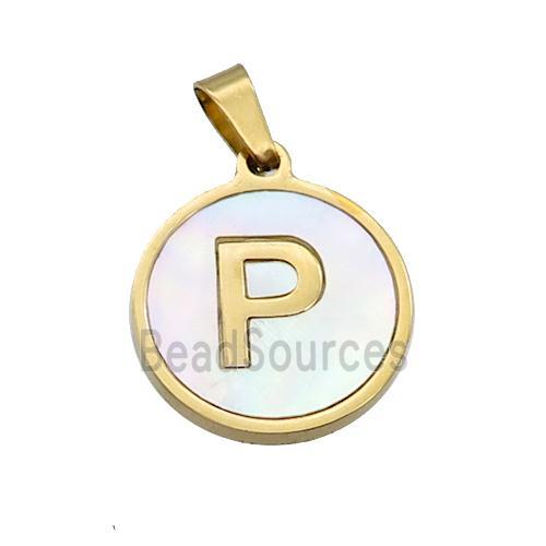 Stainless Steel Pendant Pave White Shell Letter-P Gold Plated