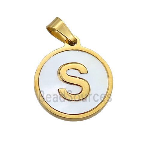 Stainless Steel Pendant Pave White Shell Letter-S Gold Plated