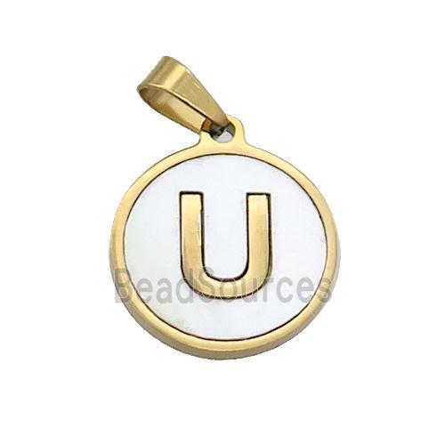 Stainless Steel Pendant Pave White Shell Letter-U Gold Plated