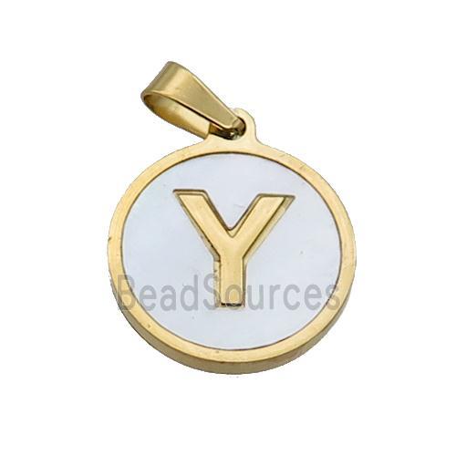 Stainless Steel Pendant Pave White Shell Letter-Y Gold Plated