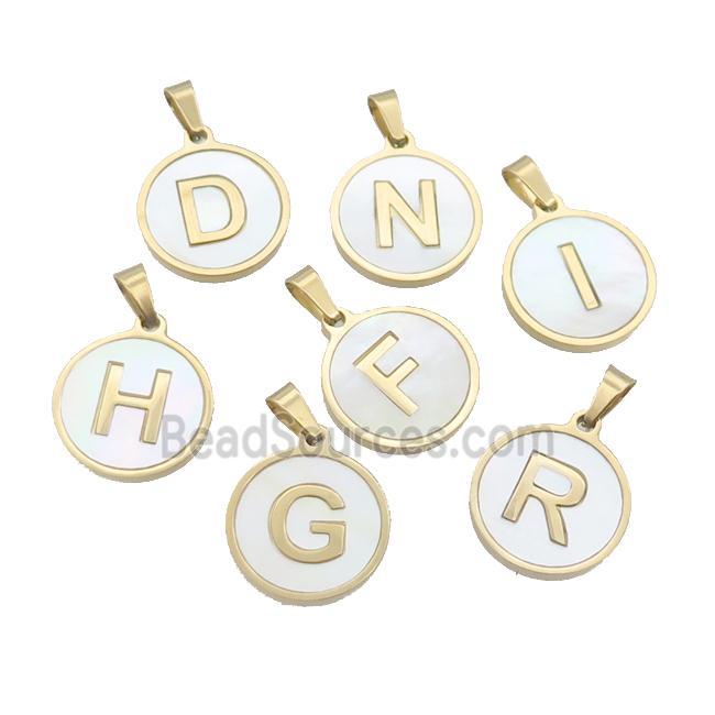 Stainless Steel Letter Pendant Pave White Shell Mix Alphabet Gold Plated